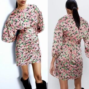 Zara Small Pink Floral Print Bodycon Ruched Mini Dress Tie Waist